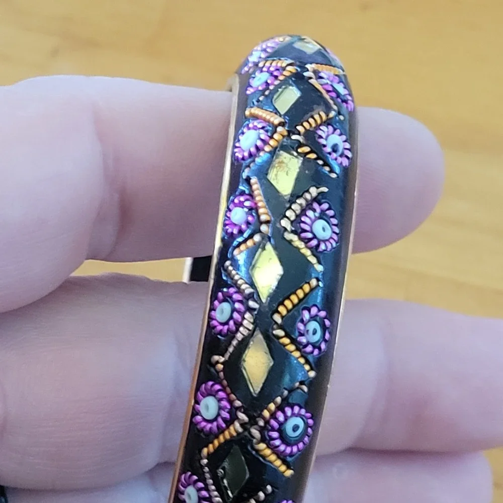 India Black Lacquer Bangle Bracelet Pink Floral Gold Mirror Inlay Vtg